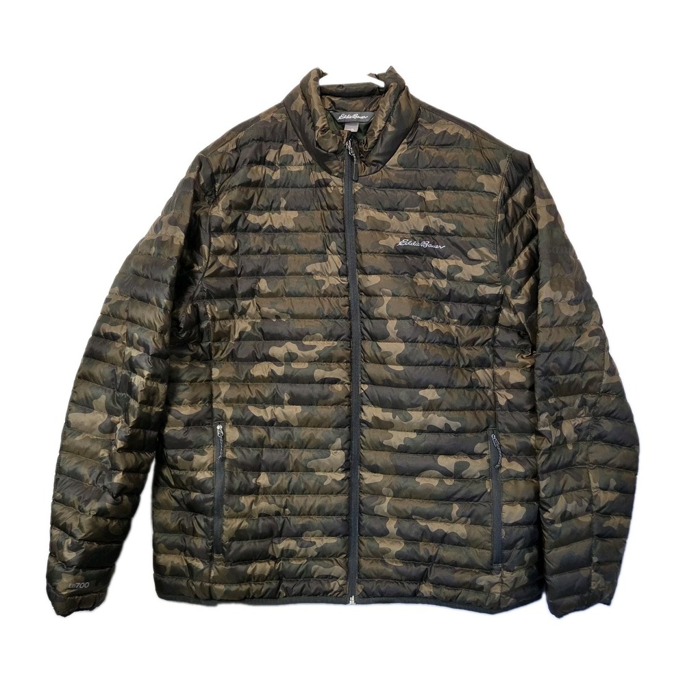 Eddie Bauer Jacket Mens XL Green Camo Light Insulated Puffer Jacket Full Zip